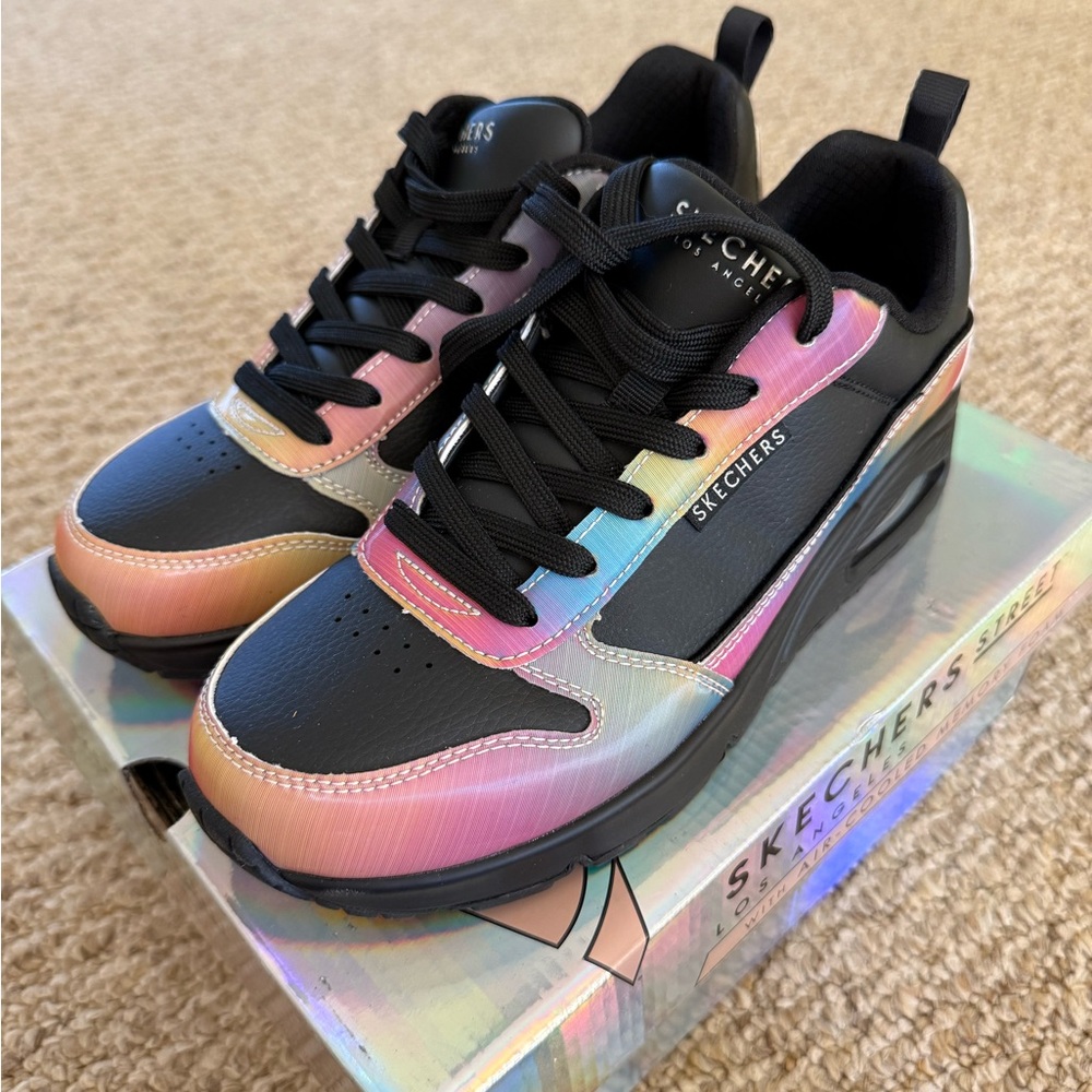 NIB Skechers Uno Opalescent Rainbow Black Sneakers US 7